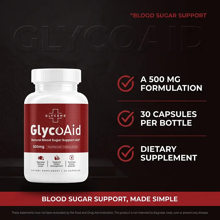 GlycoAid product card: 500 mg formulation, 30 capsules per bottle, dietary supplement